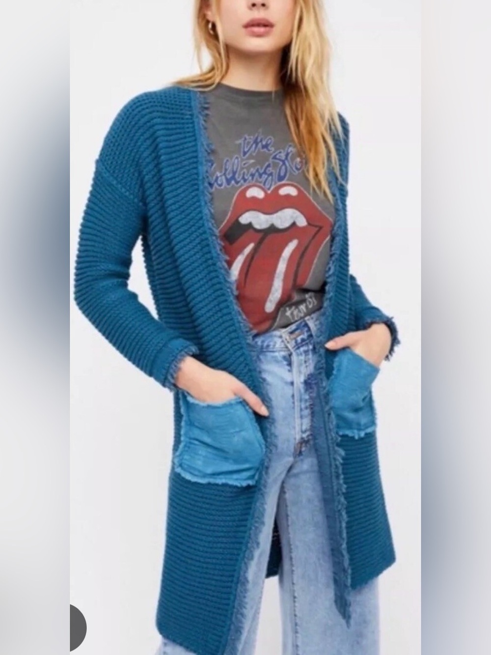 Free People "Wouldn't Knit Be Nice" Woodstock Longline Cardigan Sz M Casual Open